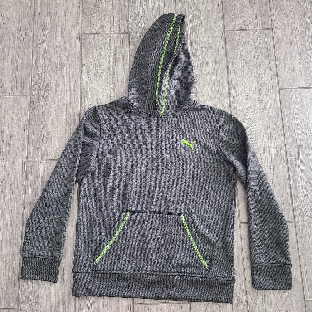 Puma kids grey w/green athletic pull over hoodie size medium 10-12